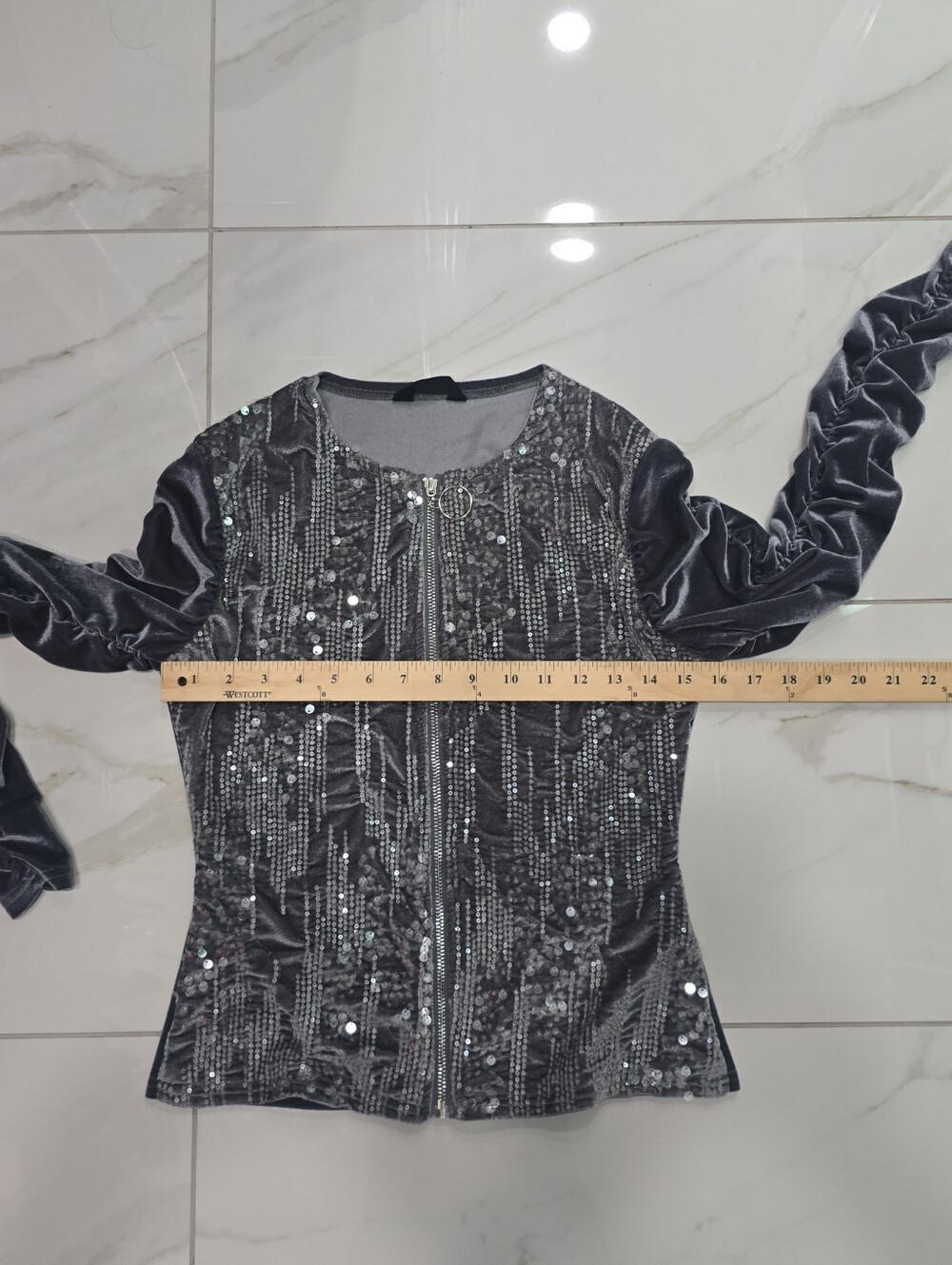 CHICME Gray Velvet Sequin Ruched Zip Up Jacket Y2K Glam S - Picture 9 of 11
